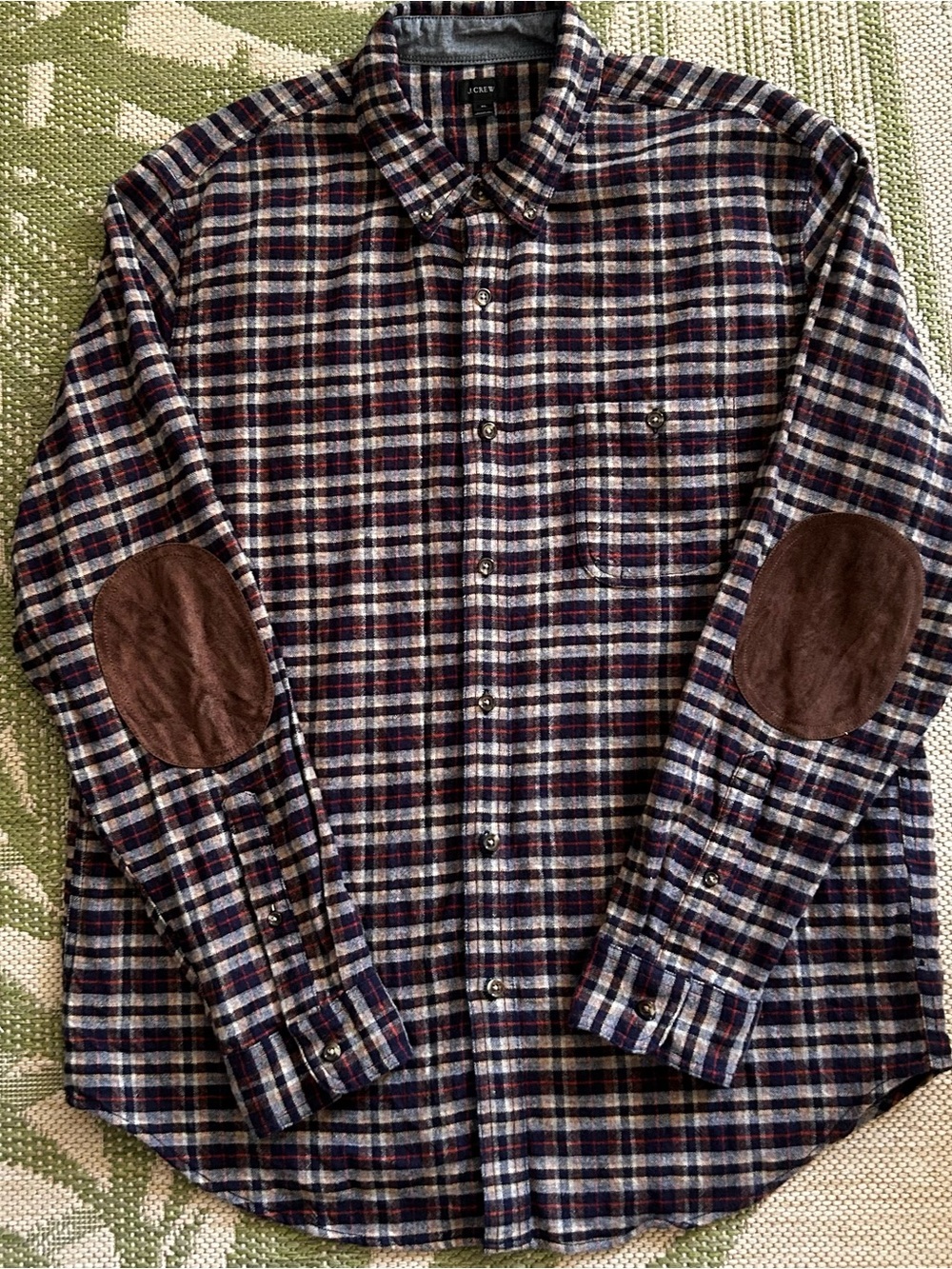 J. Crew Men’s Navy, Taupe and Rust Plaid Flannel with Brown Suede Elbow Patches